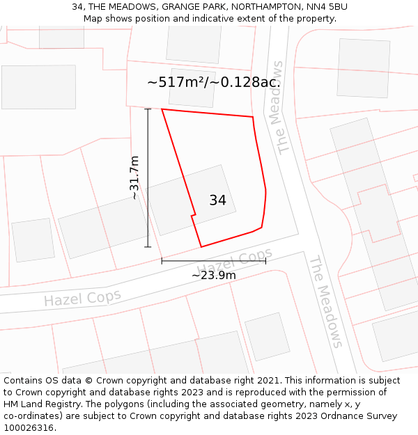 34, THE MEADOWS, GRANGE PARK, NORTHAMPTON, NN4 5BU: Plot and title map