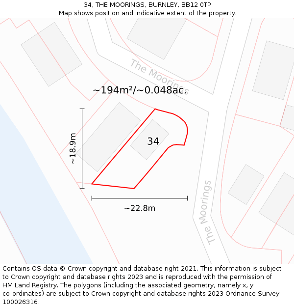 34, THE MOORINGS, BURNLEY, BB12 0TP: Plot and title map