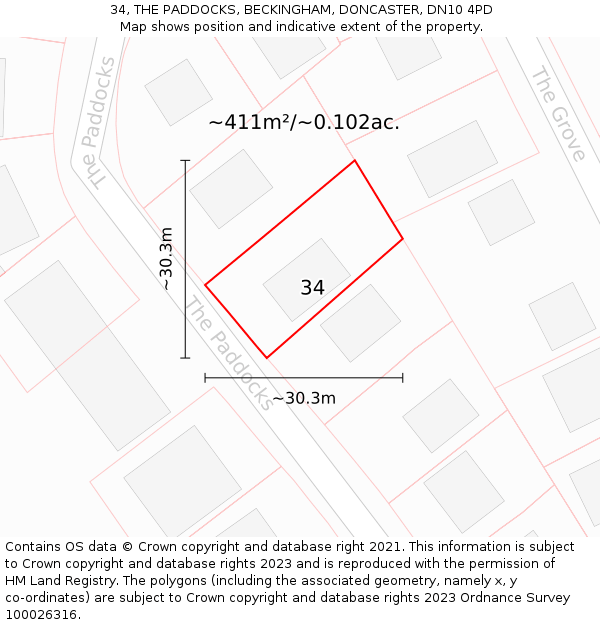 34, THE PADDOCKS, BECKINGHAM, DONCASTER, DN10 4PD: Plot and title map