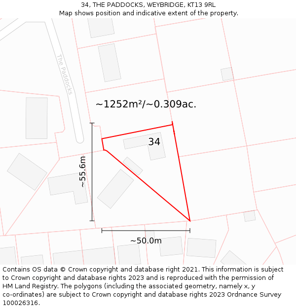 34, THE PADDOCKS, WEYBRIDGE, KT13 9RL: Plot and title map