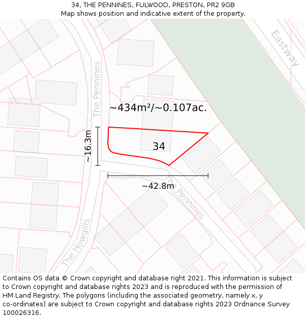 34, THE PENNINES, FULWOOD, PRESTON, PR2 9GB: Plot and title map