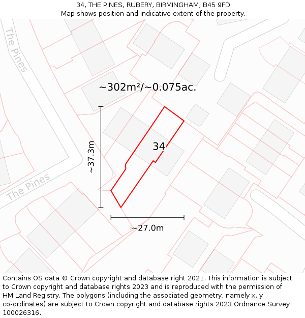 34, THE PINES, RUBERY, BIRMINGHAM, B45 9FD: Plot and title map