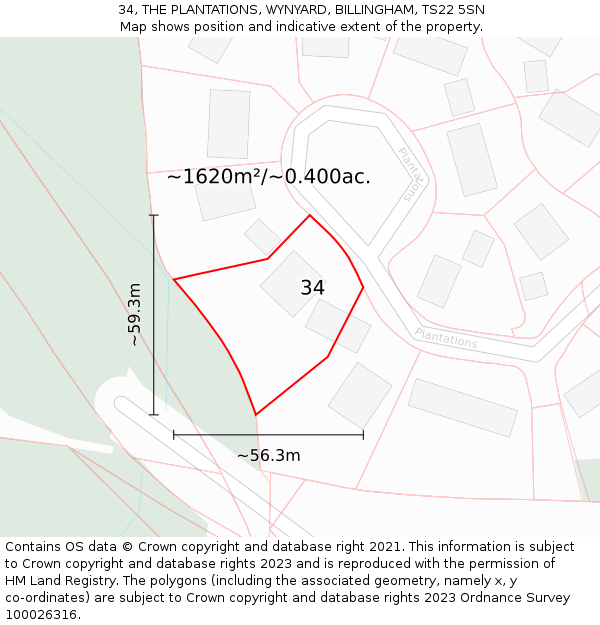 34, THE PLANTATIONS, WYNYARD, BILLINGHAM, TS22 5SN: Plot and title map