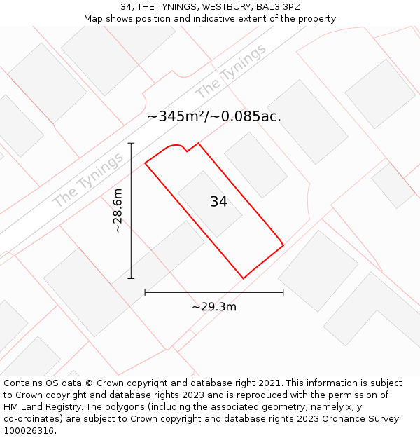 34, THE TYNINGS, WESTBURY, BA13 3PZ: Plot and title map