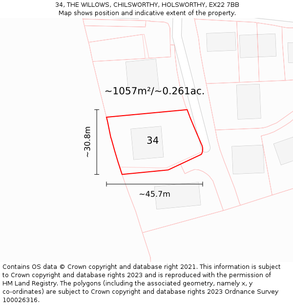 34, THE WILLOWS, CHILSWORTHY, HOLSWORTHY, EX22 7BB: Plot and title map