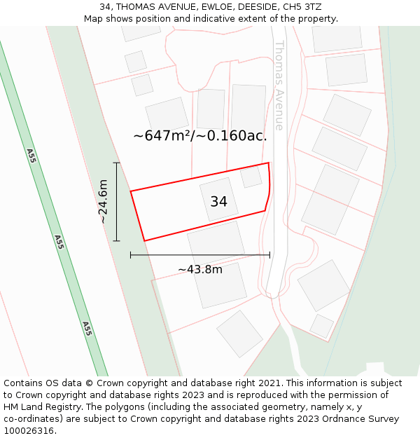 34, THOMAS AVENUE, EWLOE, DEESIDE, CH5 3TZ: Plot and title map