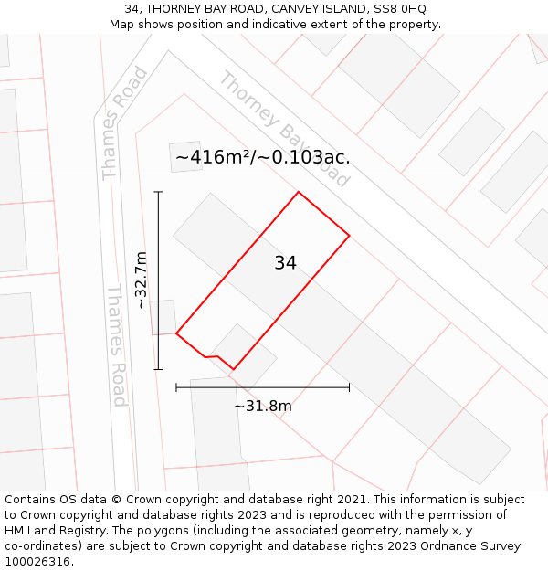 34, THORNEY BAY ROAD, CANVEY ISLAND, SS8 0HQ: Plot and title map