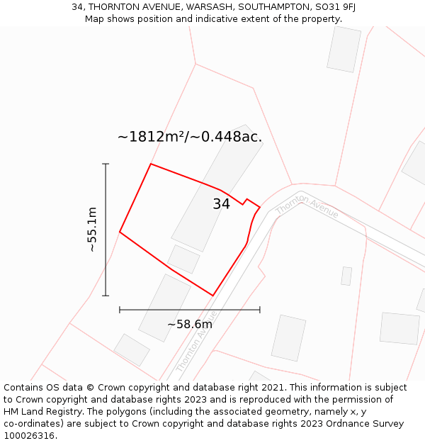 34, THORNTON AVENUE, WARSASH, SOUTHAMPTON, SO31 9FJ: Plot and title map