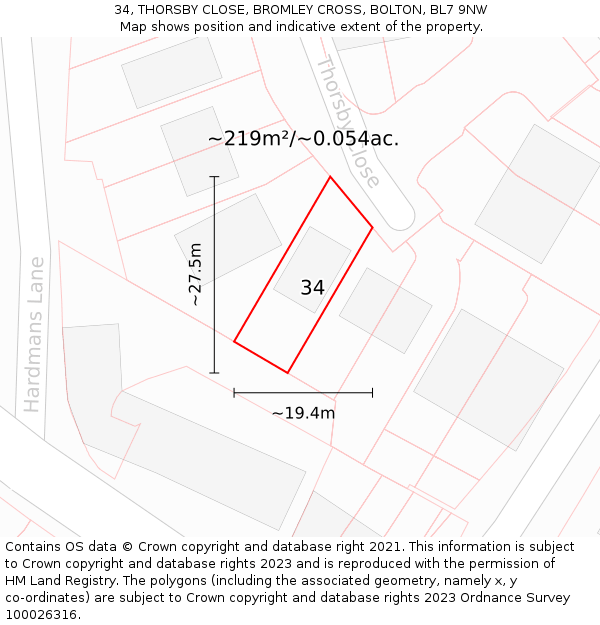 34, THORSBY CLOSE, BROMLEY CROSS, BOLTON, BL7 9NW: Plot and title map