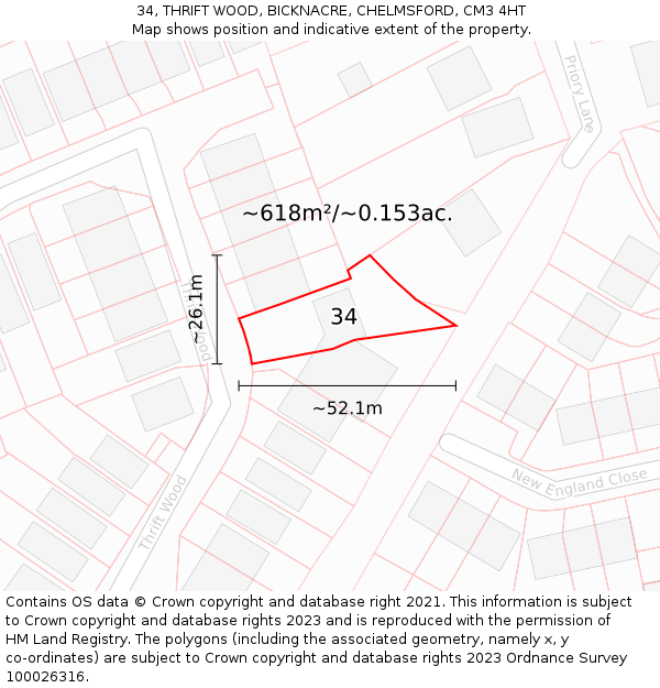 34, THRIFT WOOD, BICKNACRE, CHELMSFORD, CM3 4HT: Plot and title map