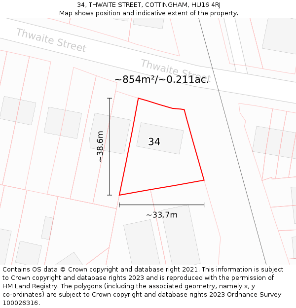 34, THWAITE STREET, COTTINGHAM, HU16 4RJ: Plot and title map