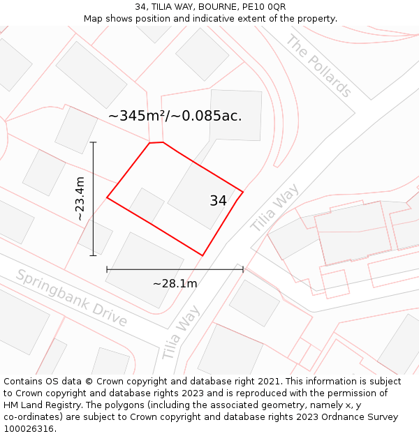 34, TILIA WAY, BOURNE, PE10 0QR: Plot and title map