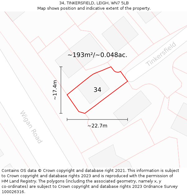 34, TINKERSFIELD, LEIGH, WN7 5LB: Plot and title map