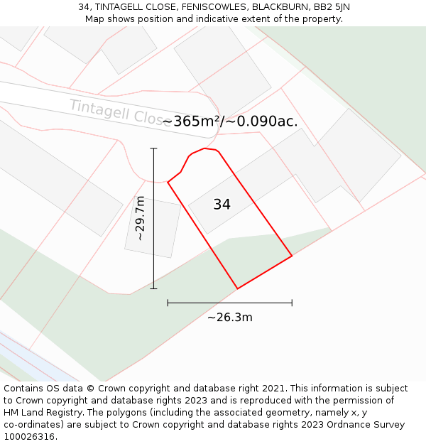 34, TINTAGELL CLOSE, FENISCOWLES, BLACKBURN, BB2 5JN: Plot and title map