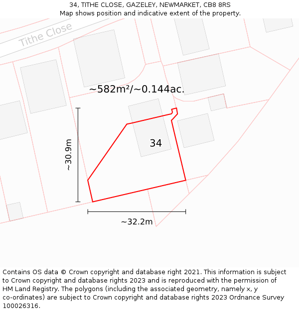 34, TITHE CLOSE, GAZELEY, NEWMARKET, CB8 8RS: Plot and title map