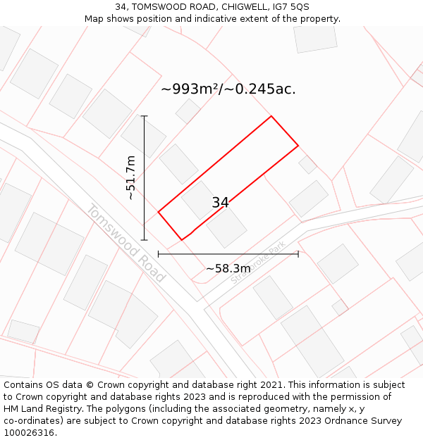 34, TOMSWOOD ROAD, CHIGWELL, IG7 5QS: Plot and title map