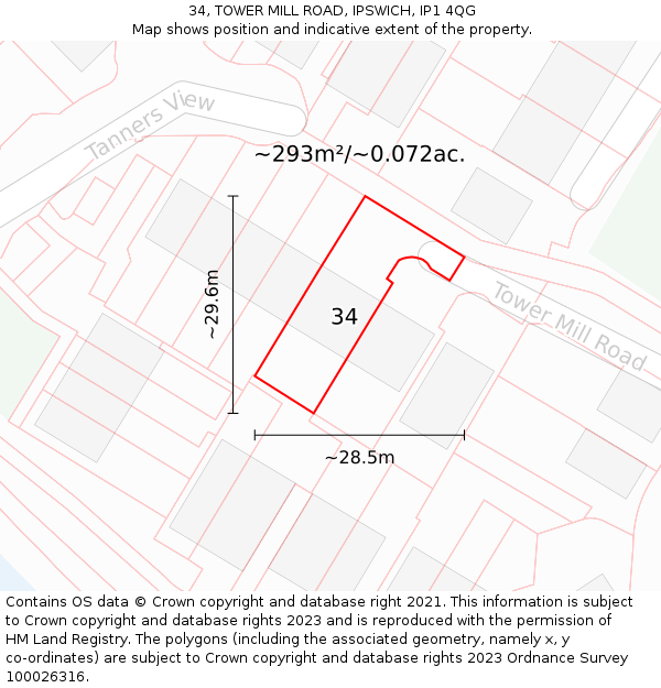 34, TOWER MILL ROAD, IPSWICH, IP1 4QG: Plot and title map