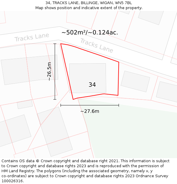 34, TRACKS LANE, BILLINGE, WIGAN, WN5 7BL: Plot and title map