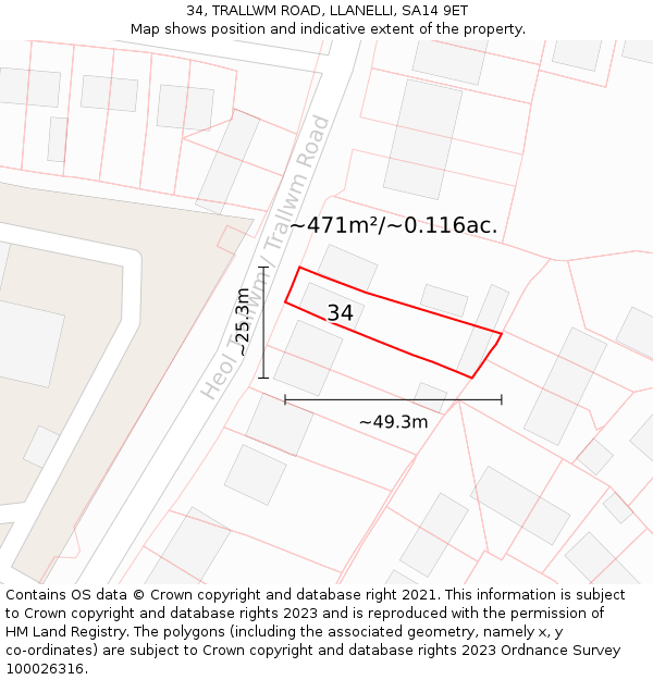 34, TRALLWM ROAD, LLANELLI, SA14 9ET: Plot and title map