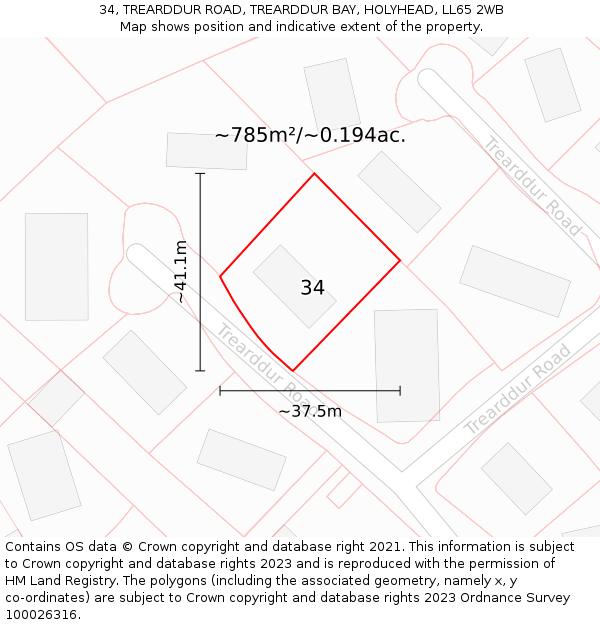 34, TREARDDUR ROAD, TREARDDUR BAY, HOLYHEAD, LL65 2WB: Plot and title map