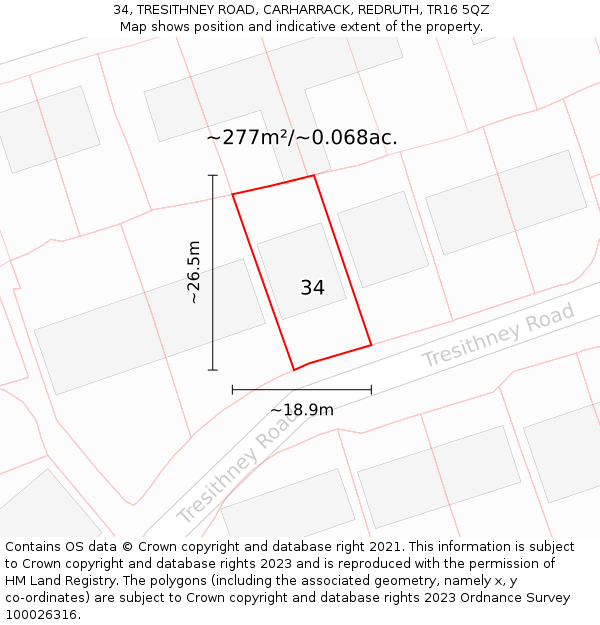 34, TRESITHNEY ROAD, CARHARRACK, REDRUTH, TR16 5QZ: Plot and title map