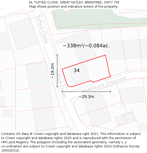 34, TUFTED CLOSE, GREAT NOTLEY, BRAINTREE, CM77 7YE: Plot and title map