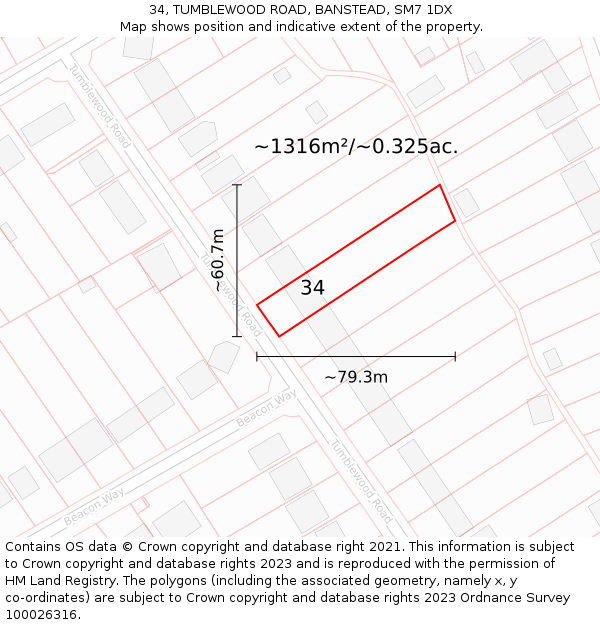 34, TUMBLEWOOD ROAD, BANSTEAD, SM7 1DX: Plot and title map