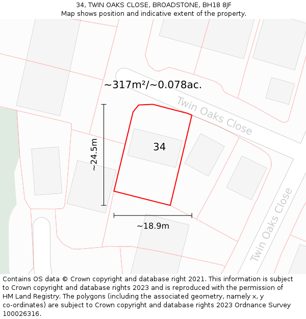 34, TWIN OAKS CLOSE, BROADSTONE, BH18 8JF: Plot and title map