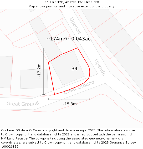 34, UPENDE, AYLESBURY, HP18 0FR: Plot and title map