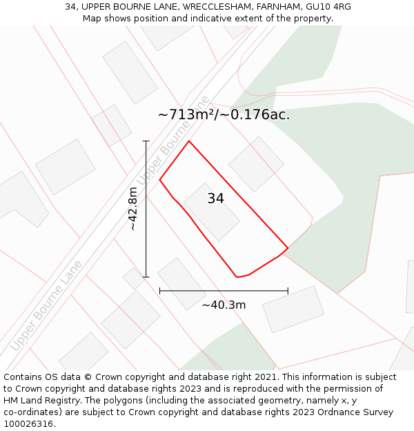 34, UPPER BOURNE LANE, WRECCLESHAM, FARNHAM, GU10 4RG: Plot and title map
