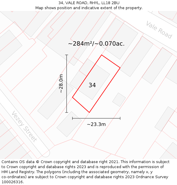 34, VALE ROAD, RHYL, LL18 2BU: Plot and title map