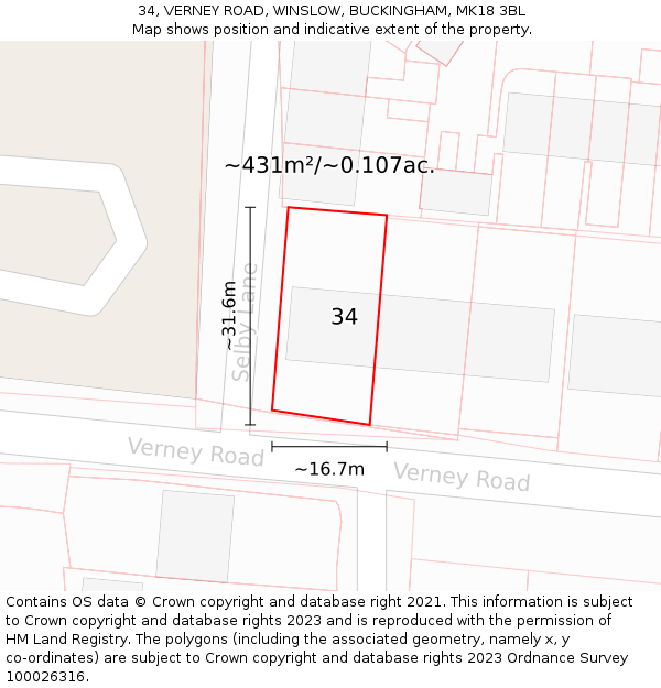 34, VERNEY ROAD, WINSLOW, BUCKINGHAM, MK18 3BL: Plot and title map