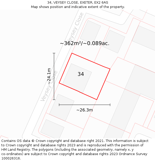 34, VEYSEY CLOSE, EXETER, EX2 6AS: Plot and title map