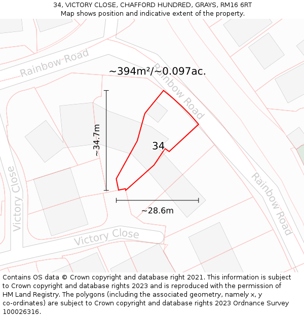 34, VICTORY CLOSE, CHAFFORD HUNDRED, GRAYS, RM16 6RT: Plot and title map