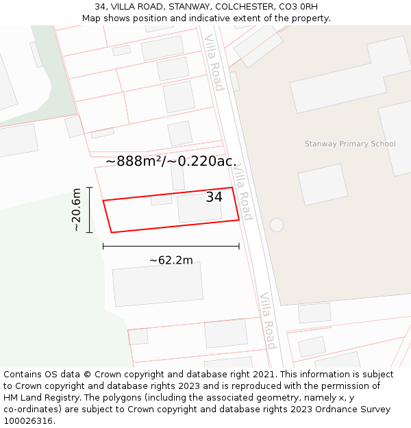 34, VILLA ROAD, STANWAY, COLCHESTER, CO3 0RH: Plot and title map