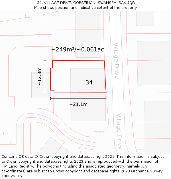 34, VILLAGE DRIVE, GORSEINON, SWANSEA, SA4 4QB: Plot and title map