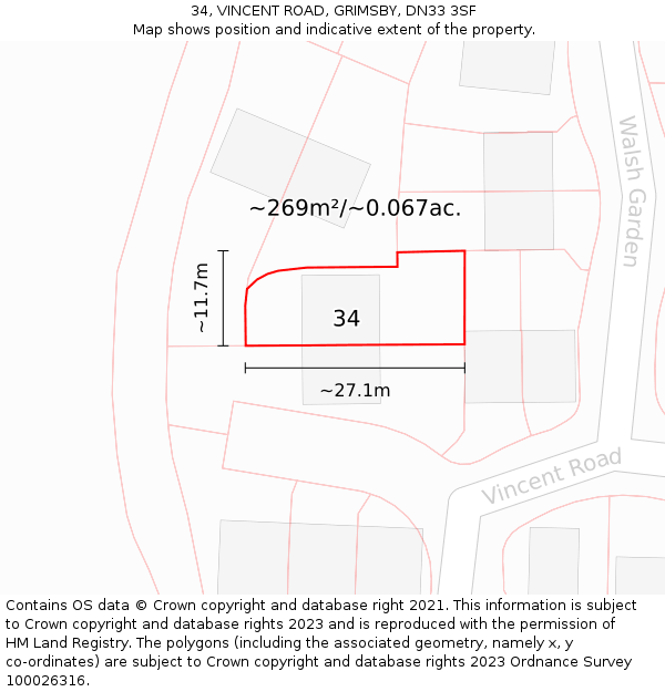 34, VINCENT ROAD, GRIMSBY, DN33 3SF: Plot and title map