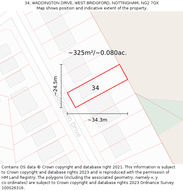 34, WADDINGTON DRIVE, WEST BRIDGFORD, NOTTINGHAM, NG2 7GX: Plot and title map