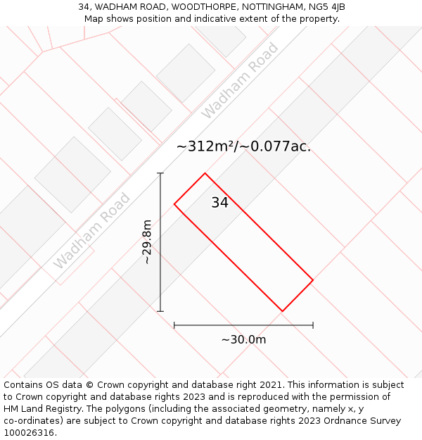 34, WADHAM ROAD, WOODTHORPE, NOTTINGHAM, NG5 4JB: Plot and title map