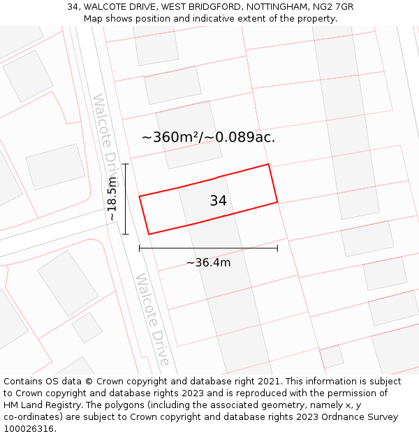 34, WALCOTE DRIVE, WEST BRIDGFORD, NOTTINGHAM, NG2 7GR: Plot and title map