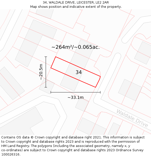 34, WALDALE DRIVE, LEICESTER, LE2 2AR: Plot and title map