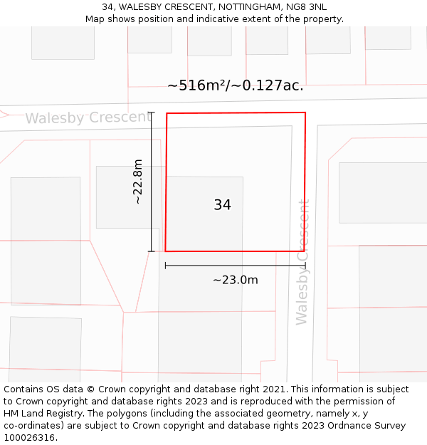 34, WALESBY CRESCENT, NOTTINGHAM, NG8 3NL: Plot and title map