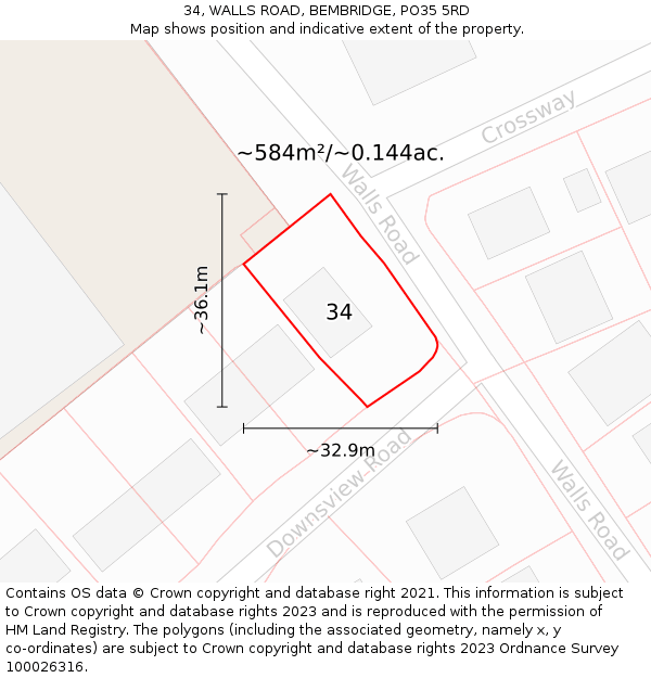 34, WALLS ROAD, BEMBRIDGE, PO35 5RD: Plot and title map