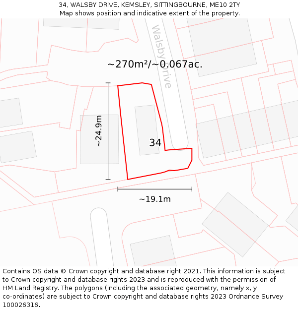 34, WALSBY DRIVE, KEMSLEY, SITTINGBOURNE, ME10 2TY: Plot and title map