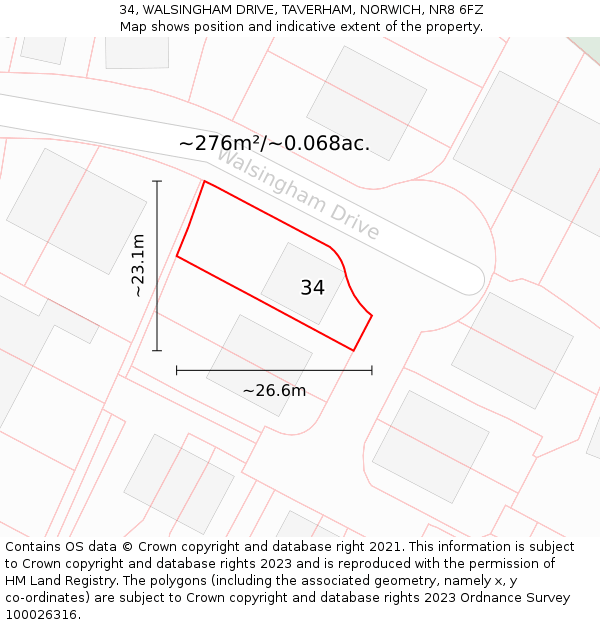 34, WALSINGHAM DRIVE, TAVERHAM, NORWICH, NR8 6FZ: Plot and title map