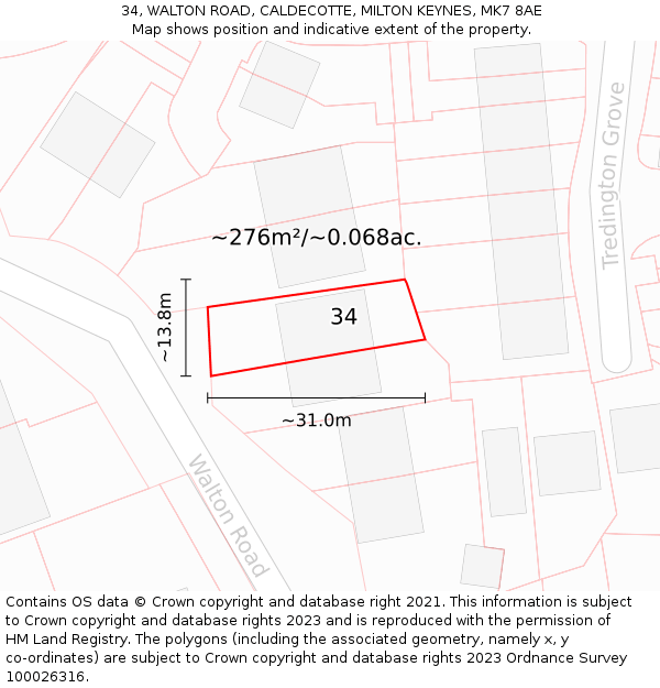 34, WALTON ROAD, CALDECOTTE, MILTON KEYNES, MK7 8AE: Plot and title map