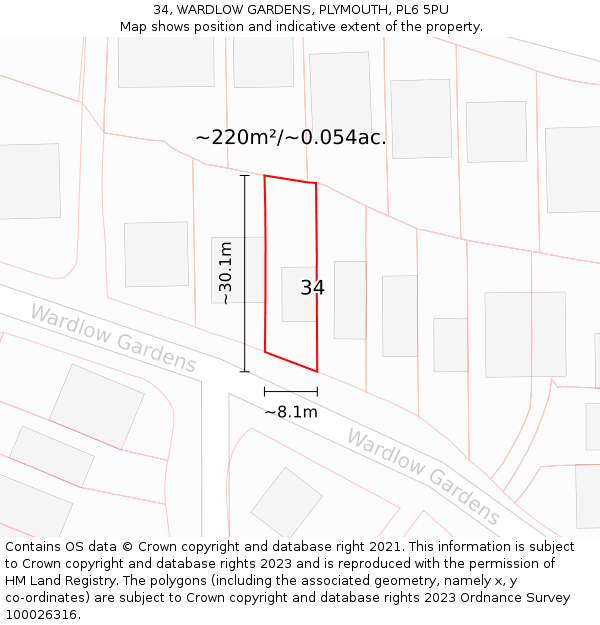 34, WARDLOW GARDENS, PLYMOUTH, PL6 5PU: Plot and title map
