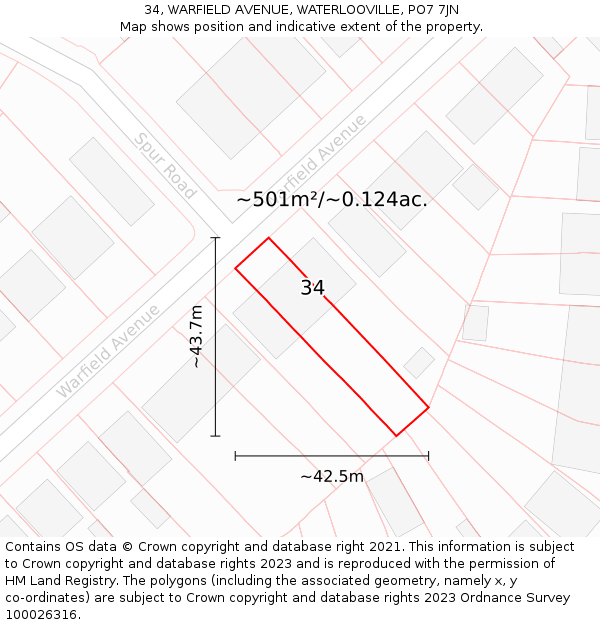 34, WARFIELD AVENUE, WATERLOOVILLE, PO7 7JN: Plot and title map