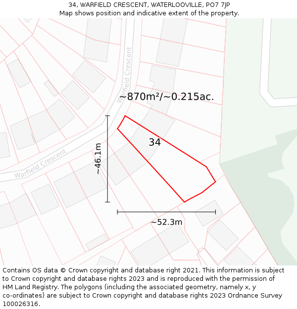 34, WARFIELD CRESCENT, WATERLOOVILLE, PO7 7JP: Plot and title map