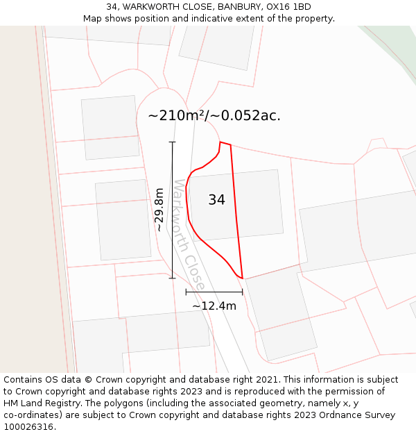 34, WARKWORTH CLOSE, BANBURY, OX16 1BD: Plot and title map